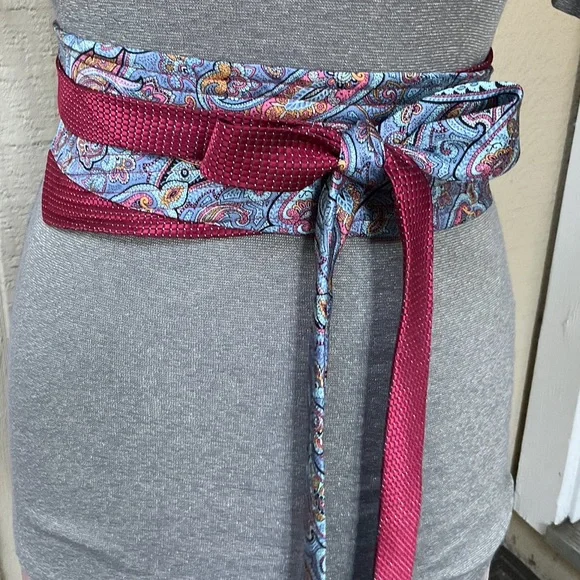 Cranberry & Blue Paisley Obi tie wrap belt upcycled men’s silk ties. One size Red and Blue Italian Silk Paisley Necktie main image 4
